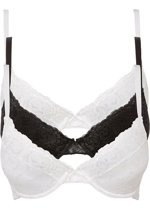 Push-up-BH mit feiner Spitze (3er Pack) in schwarz von vorne - bonprix