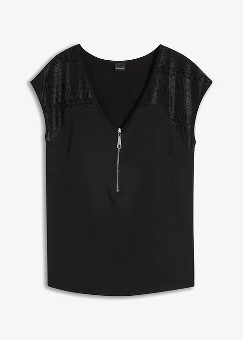 Shirt mit Spitzeneinsatz in schwarz von vorne - bonprix