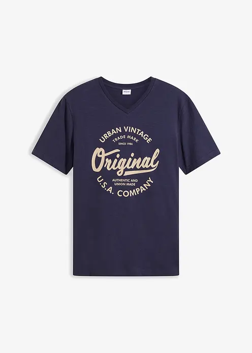 T-Shirt mit V-Ausschnitt aus reiner Baumwolle in blau von vorne - bonprix