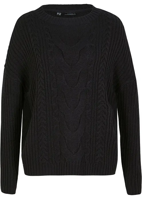 Oversize-Pullover mit Zopfmuster in schwarz von vorne - bonprix