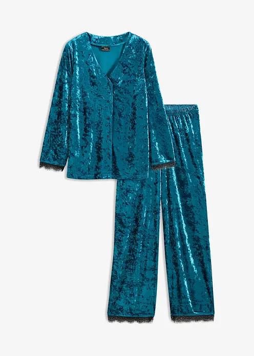 Loungewear Hausanzug aus schimmerndem Samt in petrol von vorne - bonprix