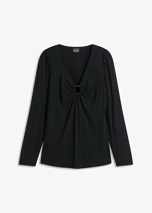 Langarmshirt mit Accessoire in schwarz von vorne - bonprix