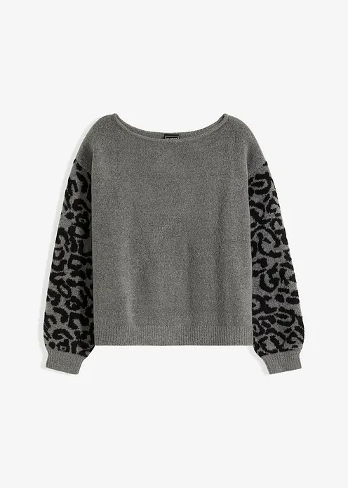 Oversize-Pullover mit Leo-Muster in grau von vorne - bonprix