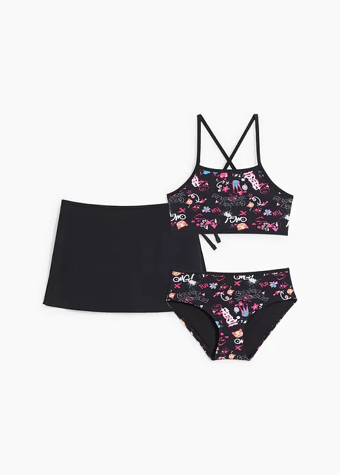 Mädchen Bikini mit Rock (3-tlg.Set) in schwarz - bonprix