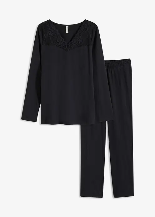 Pyjama mit zarter Spitze in schwarz von vorne - bonprix