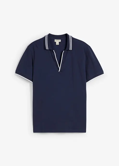 Piqué Poloshirt mit V-Ausschnitt in blau von vorne - bonprix