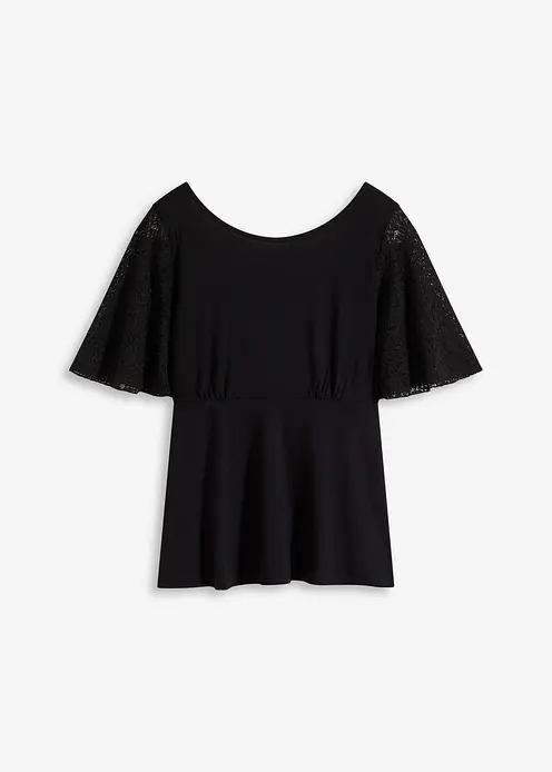 Shirt mit Spitzenärmeln in schwarz von vorne - bonprix