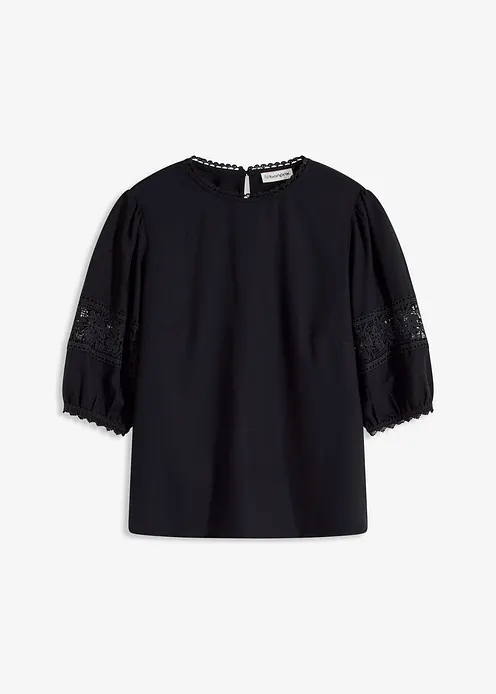 Kurzarmbluse mit Leinenanteil in schwarz von vorne - bonprix