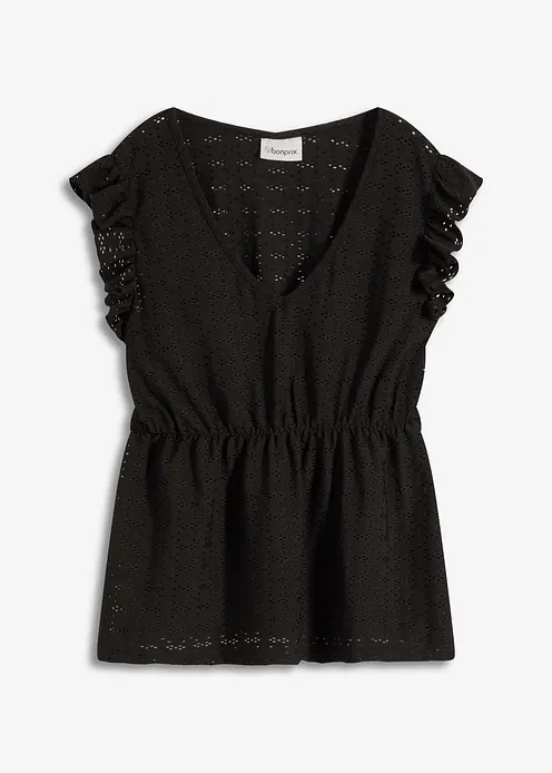 Shirt mit Lochstickerei in schwarz von vorne - bonprix