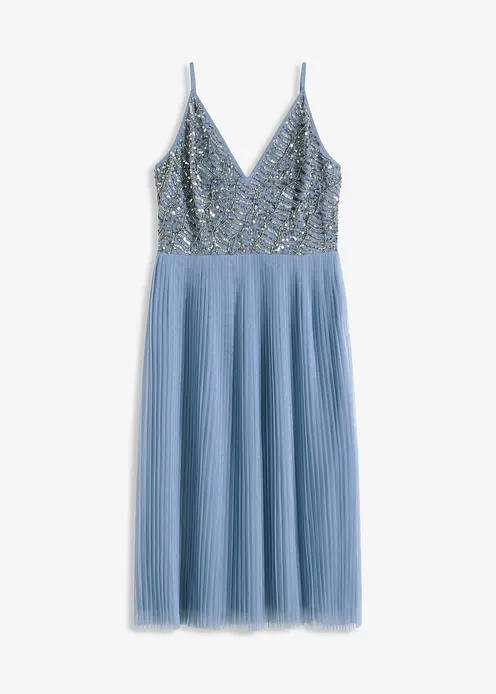 Midikleid mit Plissee-Rock und Paillettenstickerei in blau von vorne - bonprix