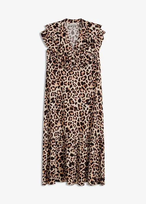 Midikleid mit Volants aus strukturiertem Crêpe in beige von vorne - bonprix