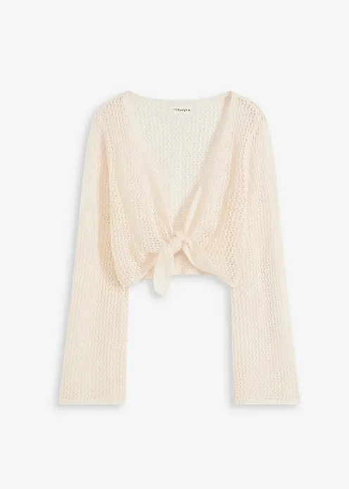 Transparente Strand Ajour-Strickjacke in weiß von vorne - bonprix