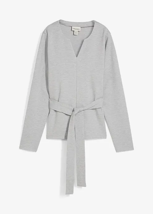 Langarmshirt mit breitem Bindeband aus Viskose-Mix in grau von vorne - bonprix