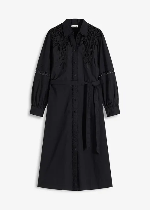 Midikleid mit Spitzeneinsatz aus Baumwolle in schwarz von vorne - bonprix
