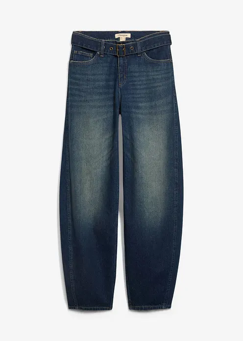 Barrel-Jeans Mid Waist mit Gürtel in blau von vorne - bonprix