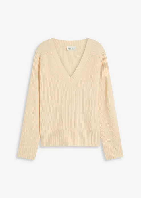 Oversize-Pullover mit V-Ausschnitt in beige von vorne - bonprix