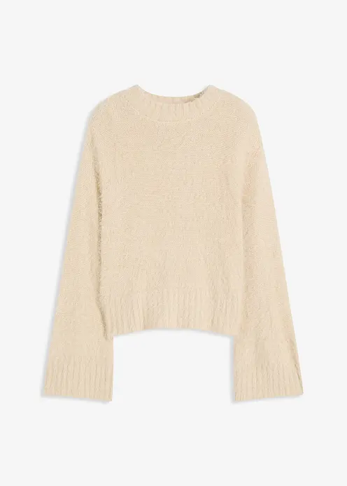 Boxy-Pullover aus flauschigem Federgarn in beige von vorne - bonprix