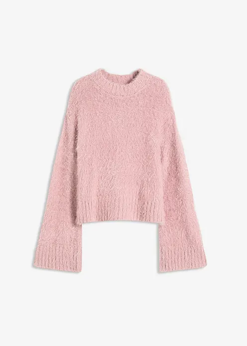 Boxy-Pullover aus flauschigem Federgarn in rosa von vorne - bonprix