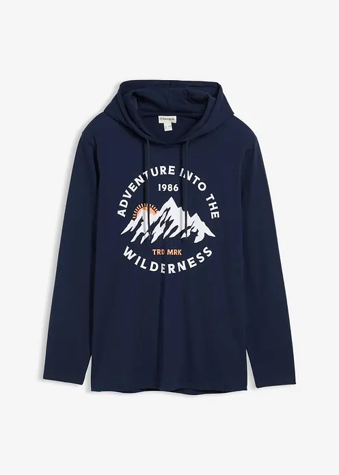 Kapuzen-Langarmshirt aus reiner Bio-Baumwolle in blau von vorne - bonprix