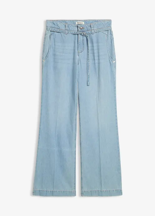 Wide-Leg-Jeans Mid Waist mit Gürtel in blau von vorne - bonprix