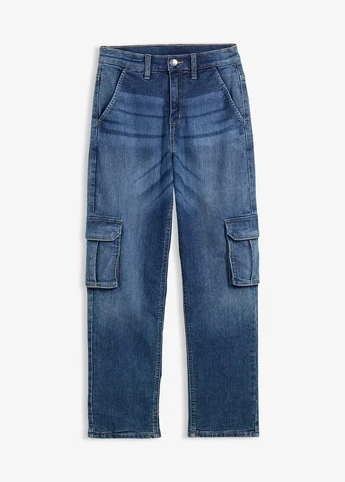 Loose Fit Thermo-Cargojeans mit Jerseyfutter, Tapered in blau von vorne - bonprix