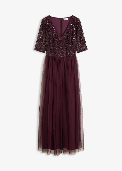 Abendkleid aus zartem Tüll mit Paillettenstickerei in braun von vorne - bonprix