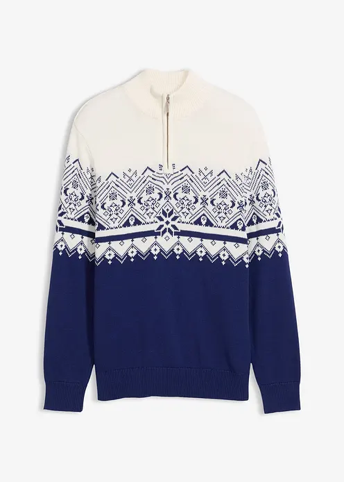 Norweger-Pullover mit Troyerkragen aus reiner Baumwolle in weiß von vorne - bonprix