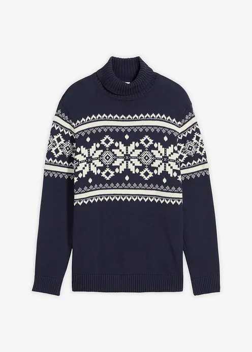 Norweger-Pullover mit Rollkragen aus reiner Baumwolle in blau von vorne - bonprix