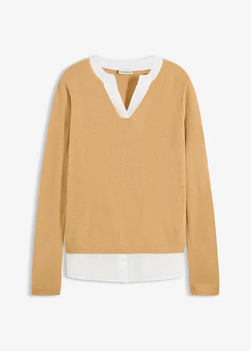 Feinstrickpullover mit Bluseneinsatz in beige von vorne - bonprix