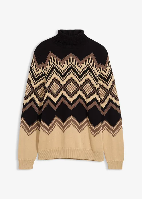 Rollkragenpullover mit Ikat-Muster aus weichem Baumwollmix in braun von vorne - bonprix
