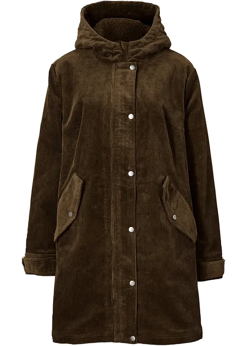 Warmer Cord-Parka mit Teddy-Futter in der Kapuze, in A-Linie in grün von vorne - bonprix