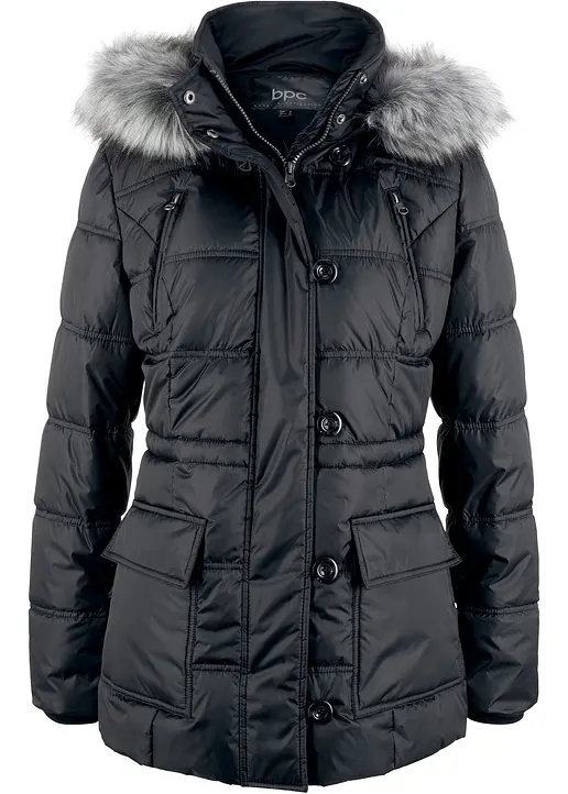 Steppjacke mit Kapuze in schwarz von vorne - bonprix