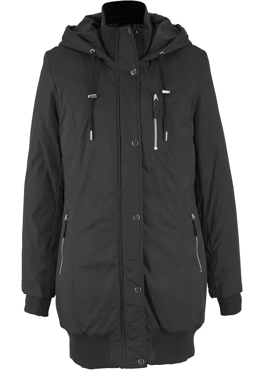 Longjacke mit Kapuze, wattiert in schwarz von vorne - bonprix