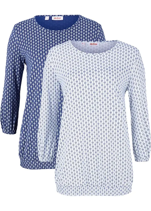 Shirt, Doppelpack, bedruckt, 3/4 Arm in weiß von vorne - bonprix