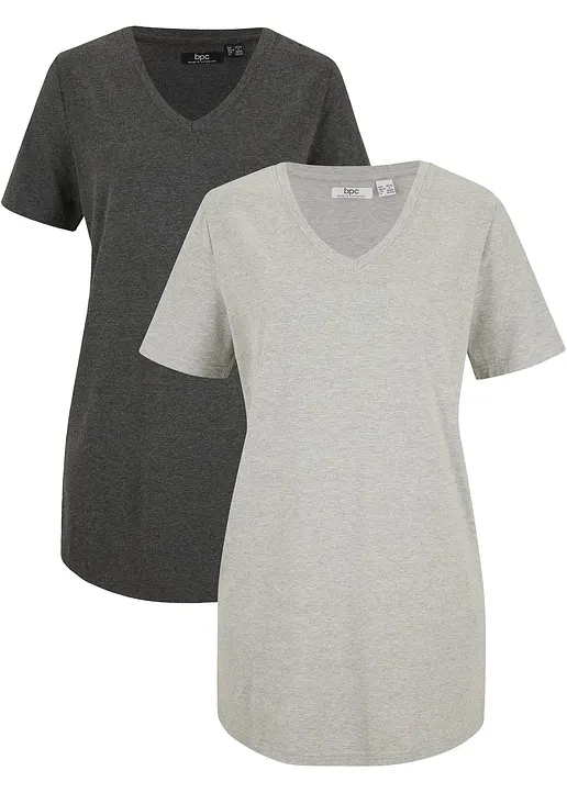 Longshirt mit V-Ausschnitt, 2er Pack in grau von vorne - bonprix