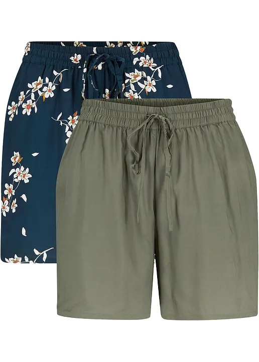 Viskose-Shorts mit Bindegürtel (2er Pack) in blau von vorne - bonprix