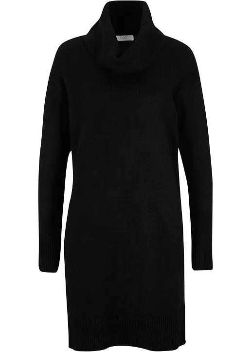 Oversize-Strickkleid mit Rollkragen in schwarz von vorne - bonprix