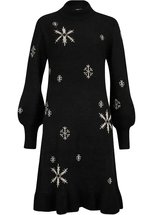 Strickkleid mit Schneeflocken-Print in schwarz von vorne - bonprix