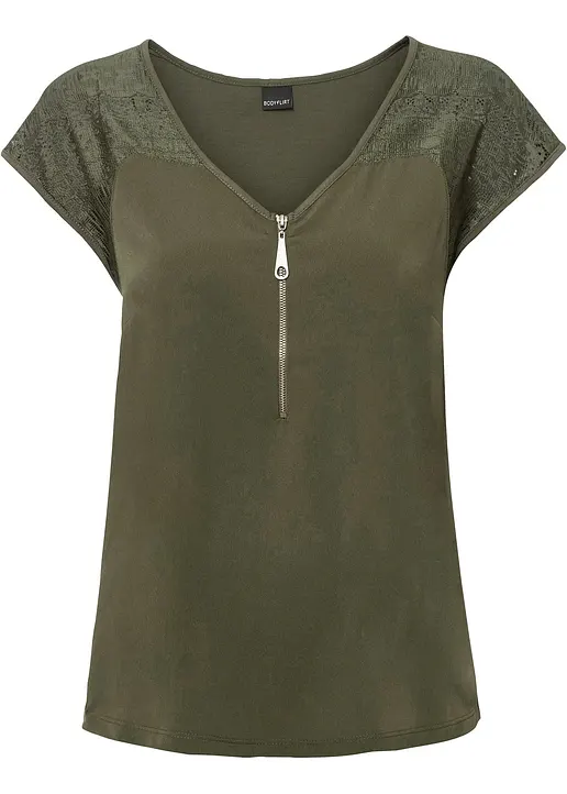 Shirt mit Spitzeneinsatz in grün von vorne - bonprix