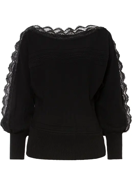 Feinstrickpullover mit Spitze in schwarz von vorne - bonprix