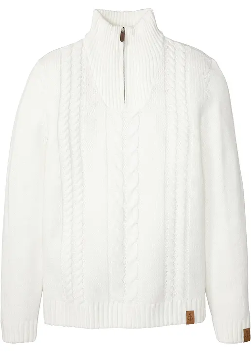 Grobstrick Troyer Pullover mit Zopfmuster in weiß von vorne - bonprix