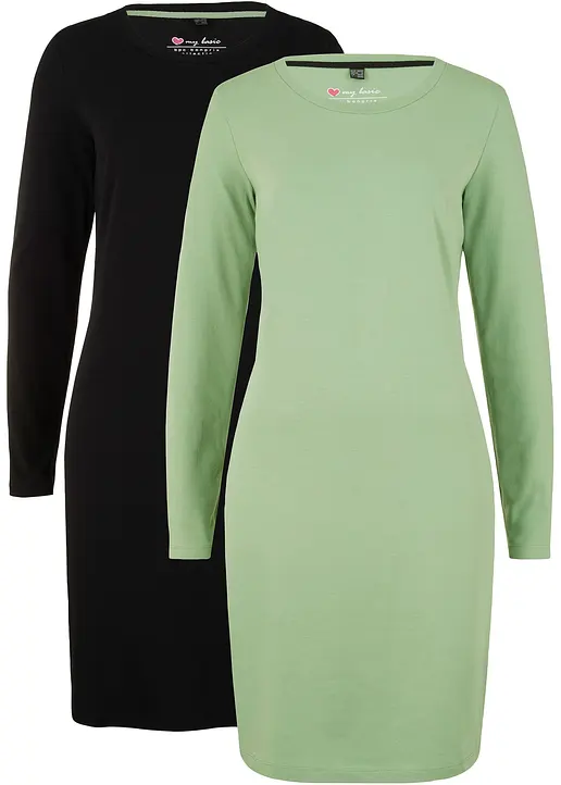 Jerseykleid aus Baumwolle mit Stretch (2er Pack) in grün von vorne - bonprix