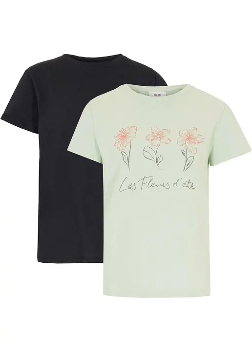 Basic T-Shirt mit Druck (2er Pack) in grün von vorne - bonprix