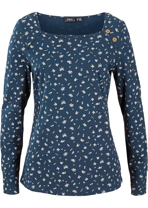 Langarmshirt, bedruckt in blau von vorne - bonprix