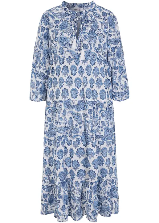 Crincle-Web-Baumwollmidikleid mit Taschen und 3/4- Arm in blau von vorne - bonprix