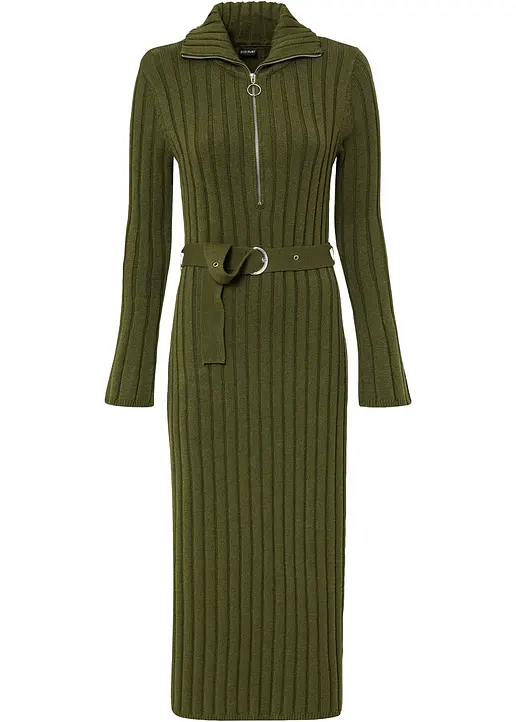 Ripp-Strickkleid mit Troyerkragen in grün von vorne - bonprix