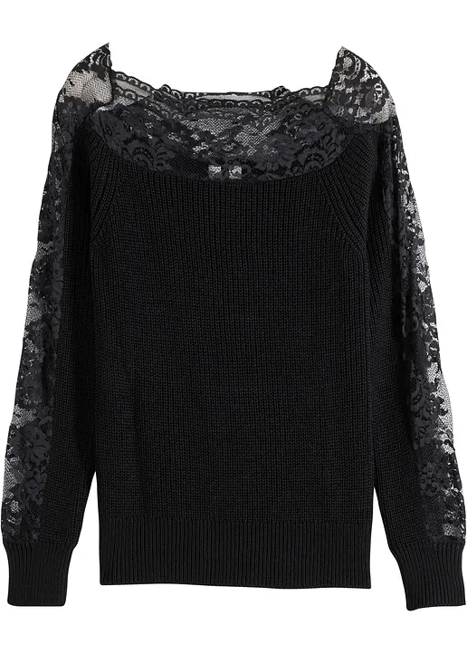 Pullover mit Spitze in schwarz von vorne - bonprix