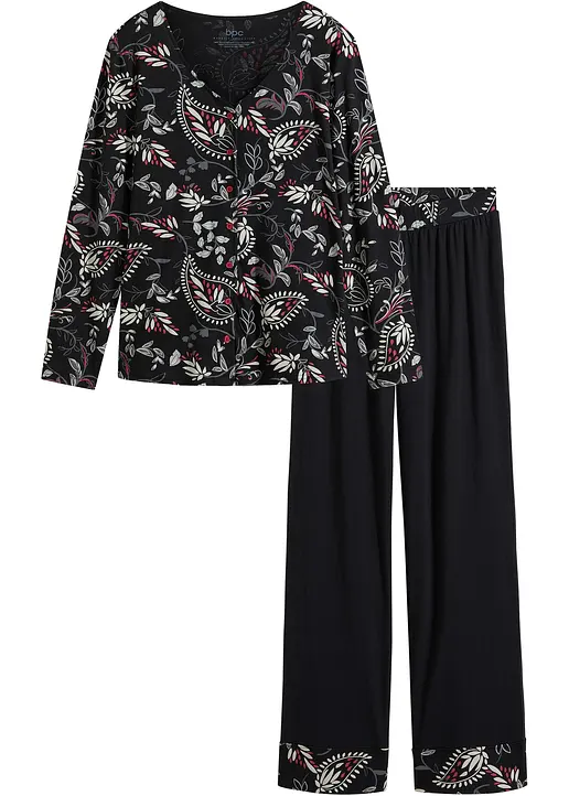 Pyjama aus Bio-Baumwolle mit Knopfleiste in schwarz von vorne - bonprix