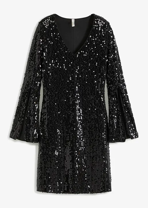 Paillettenkleid mit Trompeten-Ärmel in schwarz von vorne - bonprix