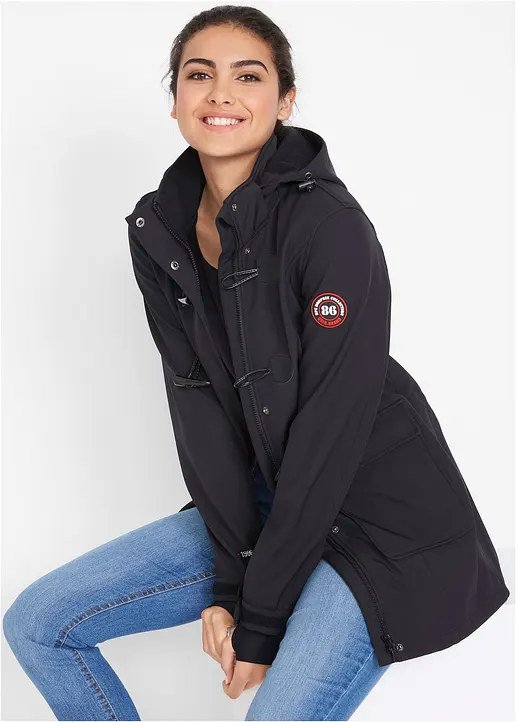 wasserabweisende Duffle-Jacke aus Softshell in schwarz von vorne (im Anschnitt) - bonprix